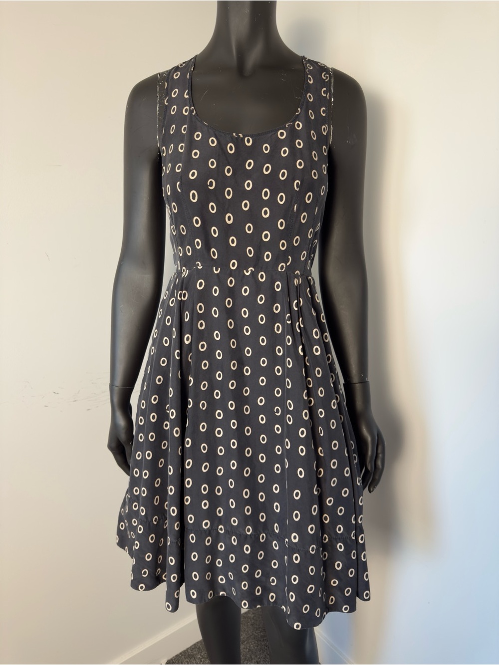 254. Club Monaco Silk Black Dress with Cream Circle Print